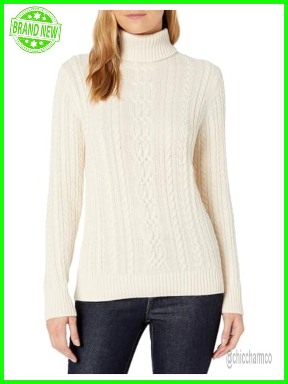 Women's Fisherman Cable Knit Turtleneck Sweater Cotton Long Sleeve Pullover